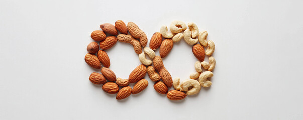 Obraz premium creative composition of mixed nuts forming infinity symbol, showcasing almonds, peanuts, and cashews in visually appealing arrangement