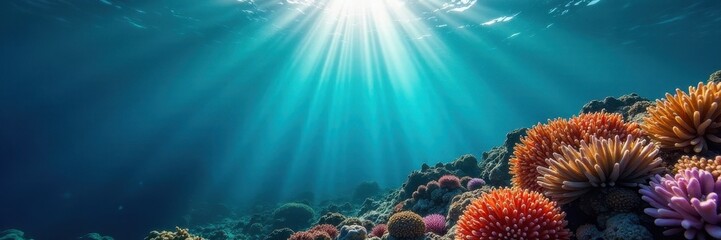 Obraz premium Sunbeam penetrates deep ocean, illuminating coral reef, blue, ocean floor