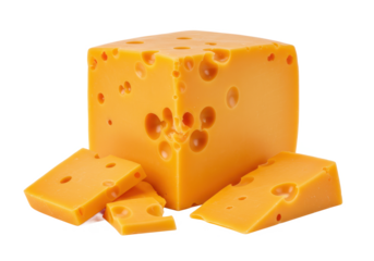 A block of vibrant orange cheddar cheese with small holes, accompanied by a few broken pieces, front angled view, isolated on white background