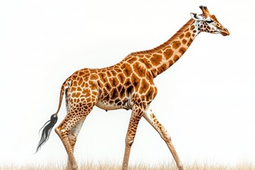 Naklejka premium Giraffe walking side view, isolated on white background with clipping path, full-body animal photo.