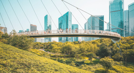 Obraz premium Scenic urban green space with skyline and pedestrian bridge