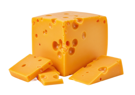 A block of vibrant orange cheddar cheese with small holes, accompanied by a few broken pieces, front angled view, isolated on white background