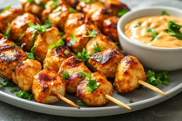 Grilled chicken skewers, peanut sauce, parsley garnish, close-up food photography for recipe websites
