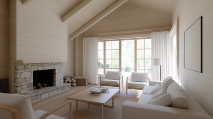 A living room with a fireplace, a coffee table, and a few couches. The room is very clean and well-lit, giving it a cozy and inviting atmosphere