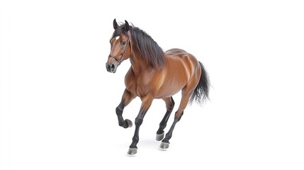 Naklejka premium Brown Horse Trotting Gracefully on a White Background
