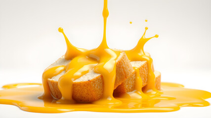 Naklejka na ściany i meble Drip and melt cheese with splash. Isolated 3d vector slices with liquid yellow sauce. Mouthwatering and indulgent experience evokes the irresistible allure of dripping. Generative AI