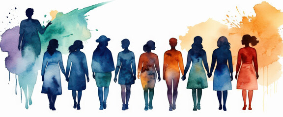 Watercolor painted banner with silhouettes multicultural women. Female diversity, racial equality, anti-racism, stop discrimination ,social inclusion concept. 