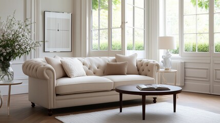 Fototapeta premium A living room with a white couch and a coffee table. The couch is covered in pillows and a vase of flowers sits on the coffee table. The room has a clean and cozy atmosphere