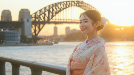 シドニーのハーバーブリッジと着物女性、穏やかな微笑みのひととき