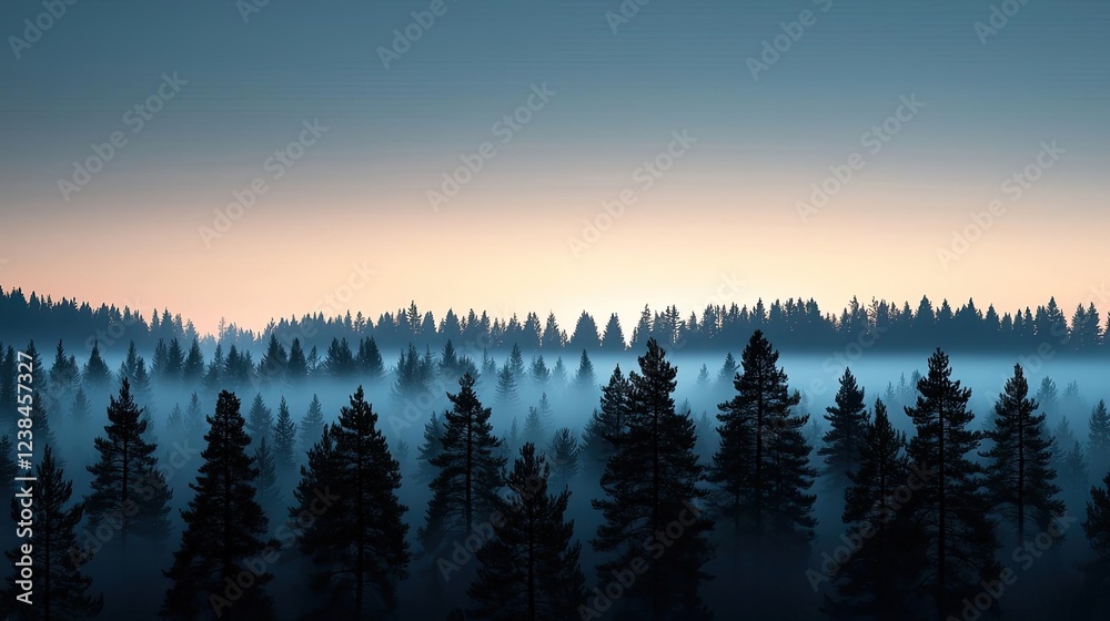 Poster misty forest nature idea. misty forest landscape with tall conifer trees under a serene twilight sky