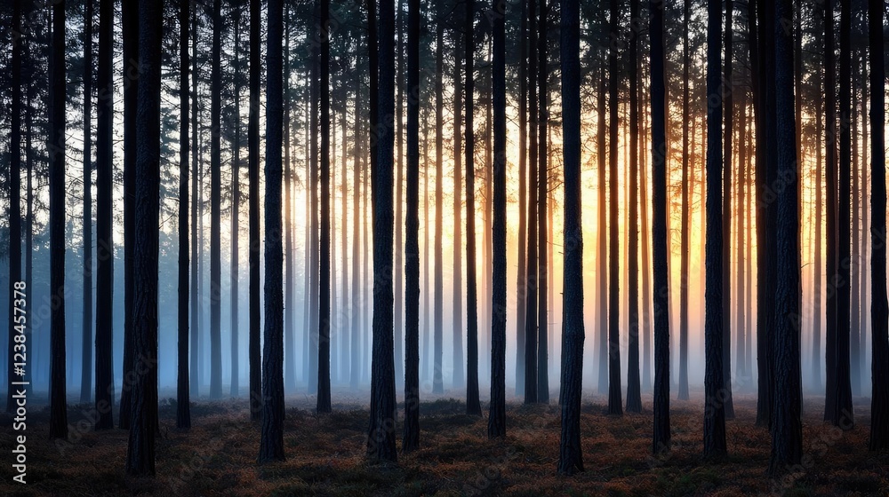 Poster misty forest nature idea. serene forest landscape at dawn with tall trees shrouded in mist and soft 