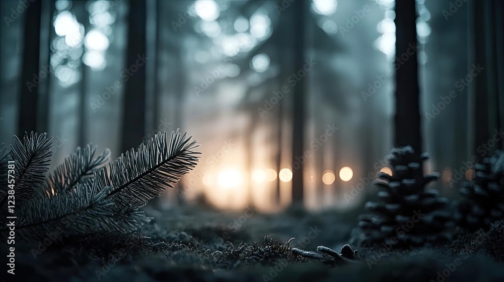 Poster Misty forest nature idea. A serene forest scene with mist enveloping tall trees and soft light filtering through.