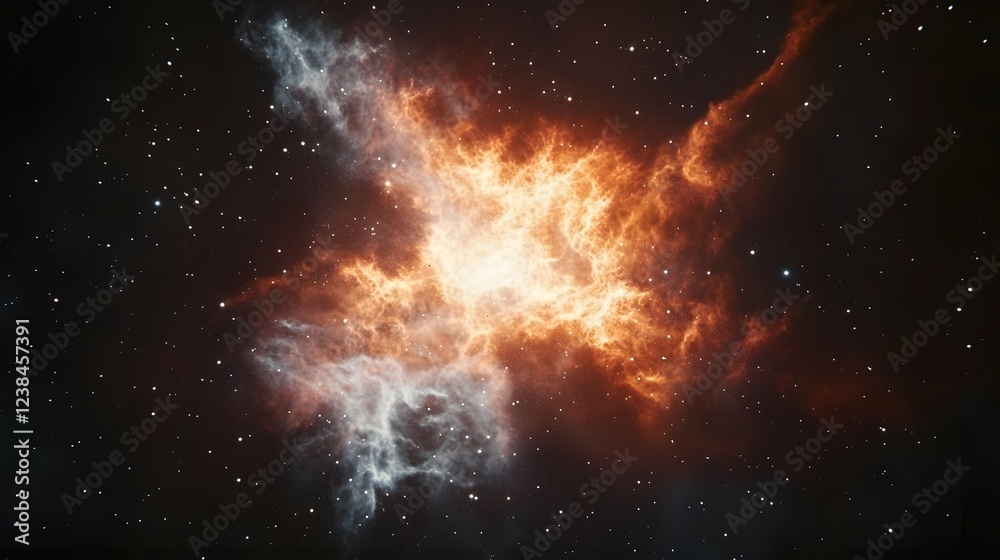 Poster Powerful fiery cosmic explosion in the depths of the universe displaying a radiant and luminous galactic phenomenon of stellar activity and interstellar dynamics