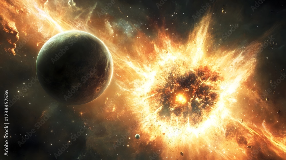 Fototapete powerful cosmic explosion engulfing a distant planetary body amidst a fiery galactic maelstrom of lu