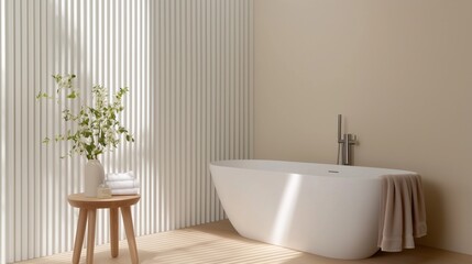 Fototapeta premium A bathroom with a white tub and a wooden stool. The tub is filled with towels and a vase with flowers
