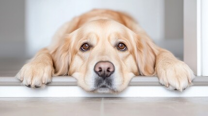 Golden Retriever resting indoors, calm expression, tiled floor background, pet portrait