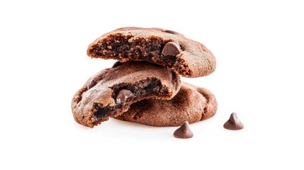 Soft Chocolate Cookies with Melting Chips on a White Background