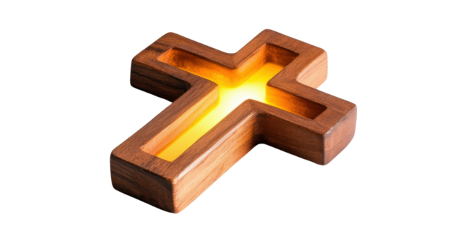 Glowing wooden christian cross on transparent background