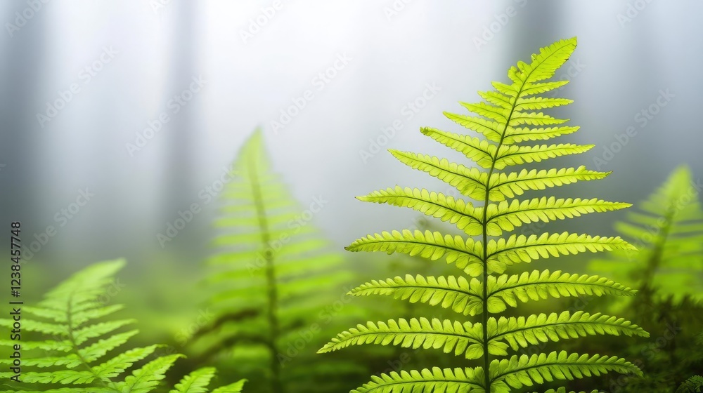 Poster Misty forest nature idea. Lush green ferns thrive in a misty, serene forest setting, creating a tranquil atmosphere.