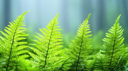 Fototapeta premium Misty forest nature idea. Lush green ferns create a serene ambiance in a tranquil forest setting.