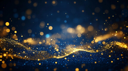 Abstract dark blue and gold particle background with golden light bokeh, shining particles on navy blue, gold foil texture, festive holiday concept