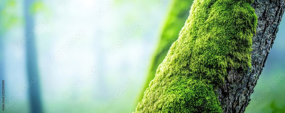 Poster misty forest nature idea. a close-up of moss-covered tree bark in a serene and misty forest setting.
