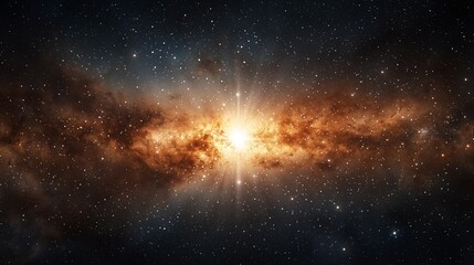 Expansive Spiral Galaxy with Luminous Core Radiating Intense Light And Energy Surrounded by Swirling Clouds of Fiery Orange Red And Brown Gas Against a Dark Star-Filled Cosmic Backdrop 