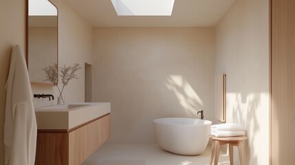 Fototapeta premium A bathroom with a white bathtub and a wooden vanity. The bathroom is clean and well-lit, with a mirror above the sink