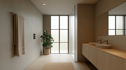 Fototapeta premium A bathroom with a window and a plant. The bathroom has a modern design with a white color scheme
