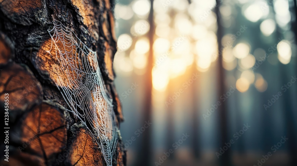 Aufkleber Misty forest nature idea. Close-up of a spider web glistening on a tree trunk in a serene forest setting.