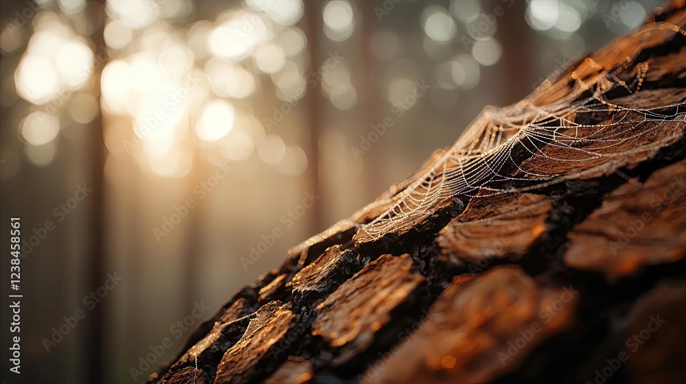 Aufkleber Misty forest nature idea. A close-up view of a spiderweb on a tree trunk with sunlight filtering through the forest.