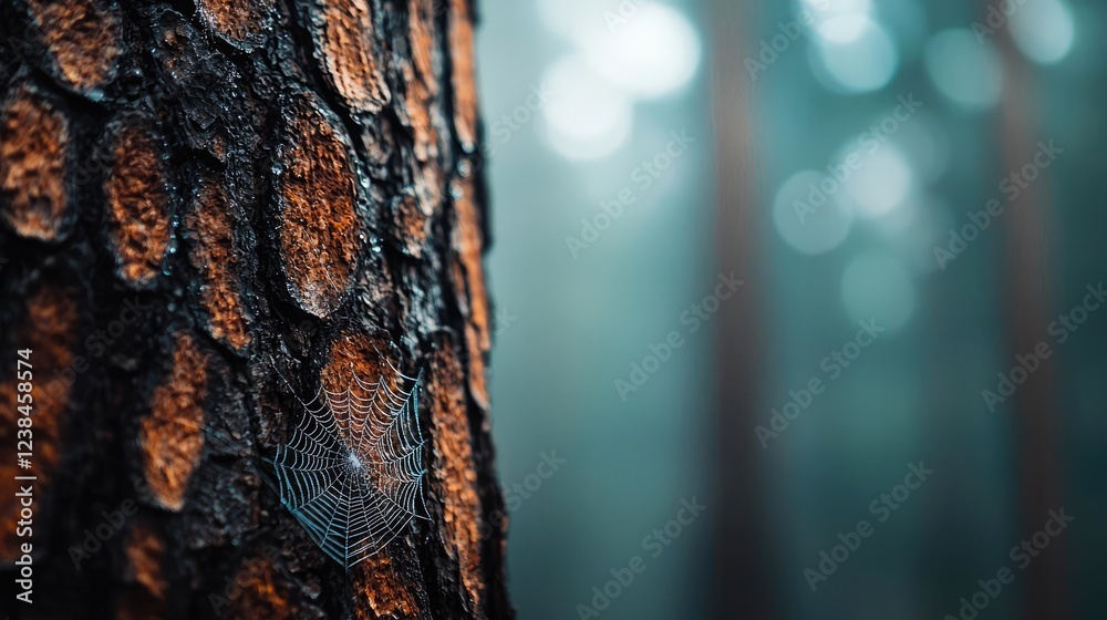 Poster Misty forest nature idea. Close-up shot of a tree bark with a delicate spider web in a misty forest.