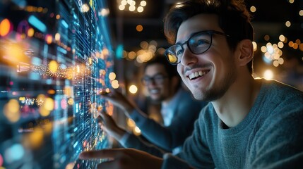 Digital transformation drives business with IoT solutions. Engaged young professionals interacting with digital data interface.