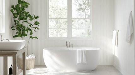 A white bathroom with a large bathtub and a potted plant. The bathroom is clean and well-lit, creating a relaxing and inviting atmosphere