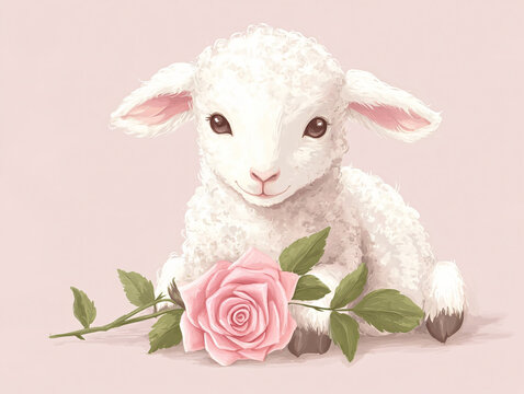Adorable white lamb pink rose sheep illustration cute fluffy sheep soft pastel delicate fur hand drawn style romantic nature artwork sweet love art gift decor muted farm magical beauty gentle send