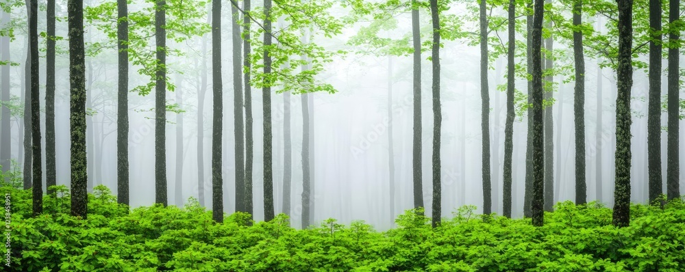 Poster Misty forest nature idea. Lush green forest with mist creating a serene and tranquil atmosphere.