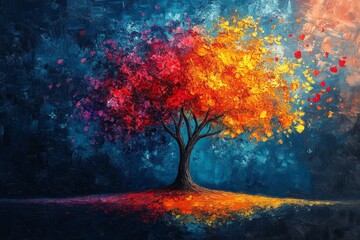 A Vibrant Oil Painting Of A Tree With Fiery, Autumnal Leaves Against A Dark Blue Background.