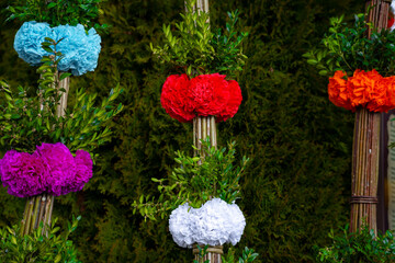 Traditional Polish Easter palms during Easter palm contest. Jarmark wielkanocny in Poland. Palma wielkanocna on a Palm Sunday. © Longfin Media