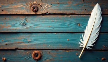 Worn wood planks, rusted metal, nautical rope, seagull feather , metal, bones