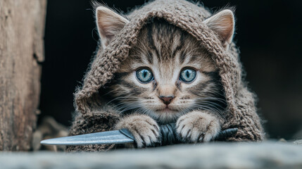 Cat with fancy outfit, A whimsical image of a tabby cat dressed as a medieval knight, showcasing high fidelity and intricate details in a fantasy setting.
