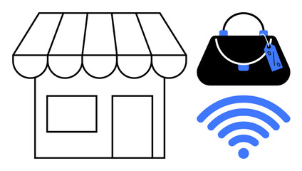 Shop building with striped awning, handbag with tag, and wireless signal. Ideal for e-commerce, online shopping, digital marketing, retail business, internet sales, fashion industry connectivity