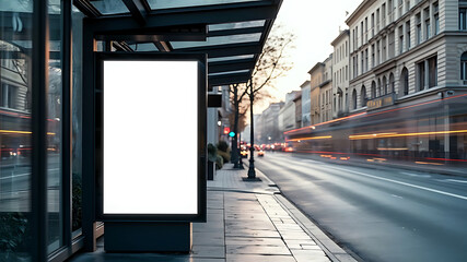 Realistic empty outdoor advertising billboard mockup, Featuring a modern bus shelter with prime marketing banner space in the heart of the city