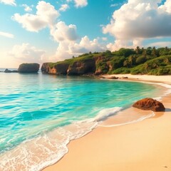 Obraz premium Serene beach with clear turquoise water and lush green cliffs during a sunny afternoon