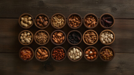 Obraz premium flat lay of various nuts and dried fruits in wooden bowls, showcasing rich assortment of textures and colors, perfect for healthy snacking or culinary decoration