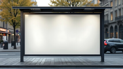 Realistic empty outdoor advertising billboard mockup, Featuring a modern bus shelter with prime marketing banner space in the heart of the city