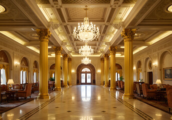 Elegant Palace Mansion Interior Design with Gold and Blue Pillars