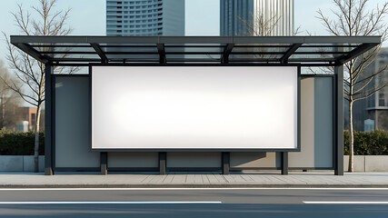 Realistic empty outdoor advertising billboard mockup, Featuring a modern bus shelter with prime marketing banner space in the heart of the city