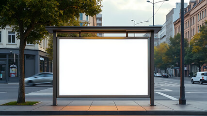 Realistic empty outdoor advertising billboard mockup, Featuring a modern bus shelter with prime marketing banner space in the heart of the city