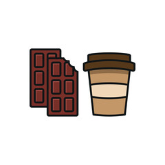 Drink and chocolate bar set food icon in flat style, featuring a refreshing beverage in a cup with a straw and a delicious unwrapped chocolate bar.