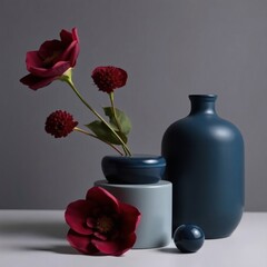 Fototapeta premium Elegant arrangement of dark blue vases with vibrant flowers on a minimalist table setting